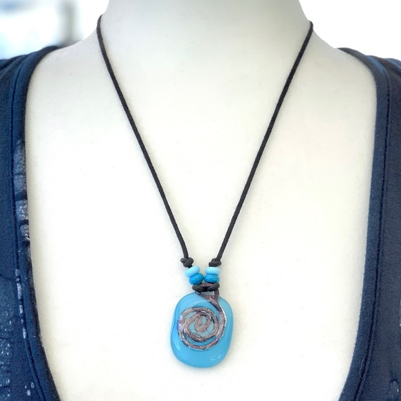 Handmade Jewelry - Blue Studio Art Glass Swirl Design Pendant Adjustable Cord Necklace